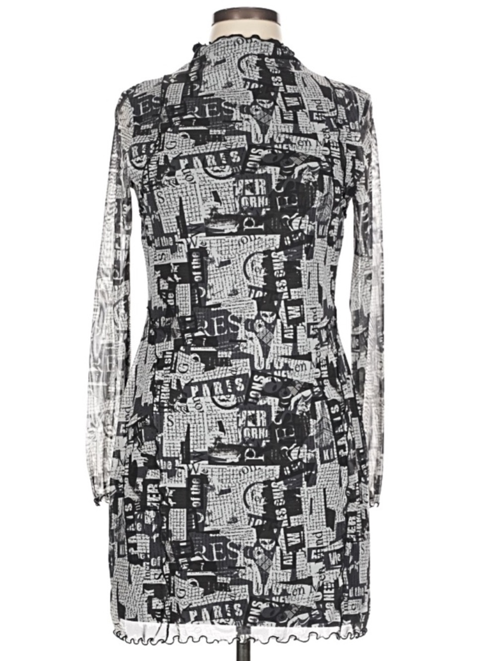 Nasty Gal Black White Newspaper Print Mesh Long Sleeve Mini Dress Size 10